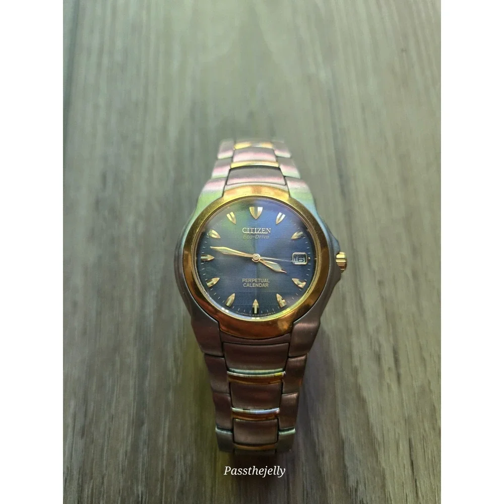 Citizen Watch Mens Eco-Drive E710-H24385 Perpetual Calendar Blue Dial Two Tone